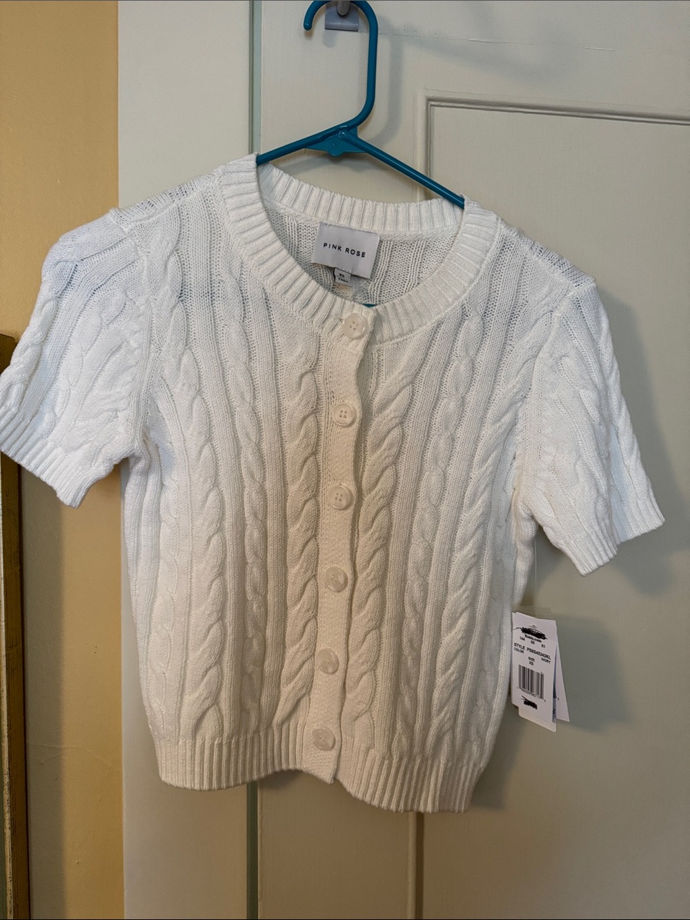 Pink Rose White Short Sleeve Cable Knit Cardigan